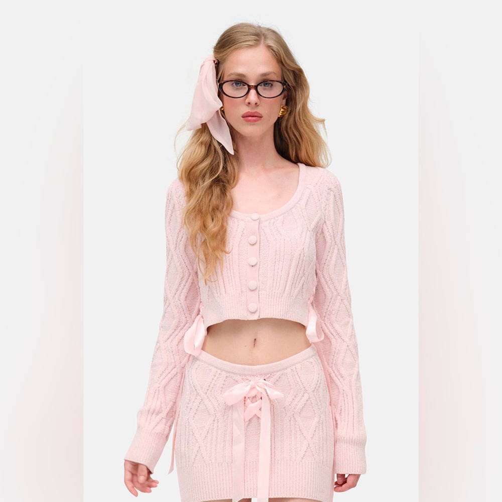For Love & Lemons Pink Chenille Cable Knit Cardigan, Lace-Up Bows, Size M, NWT